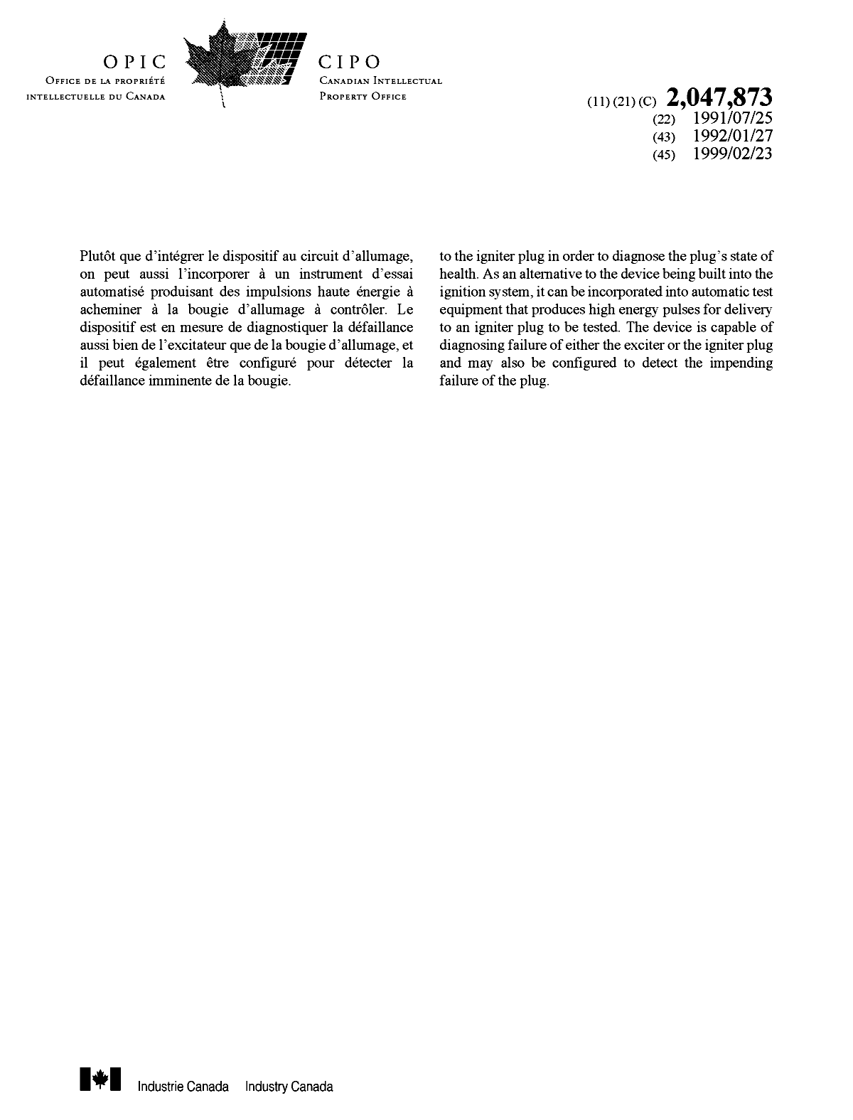 Document de brevet canadien 2047873. Page couverture 19981212. Image 2 de 2
