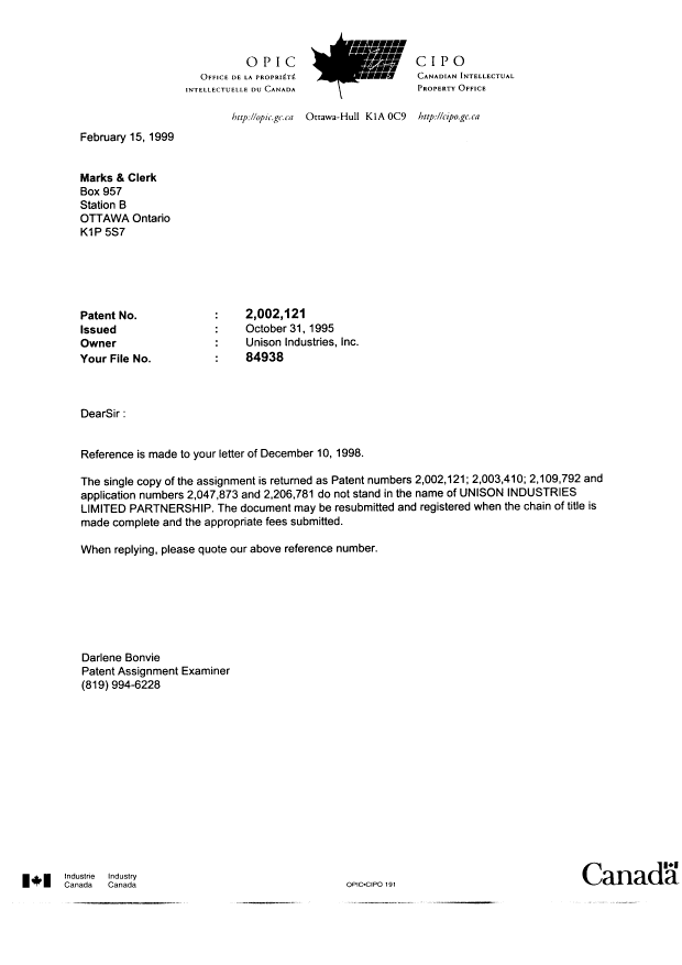 Canadian Patent Document 2047873. Correspondence 19990215. Image 1 of 1