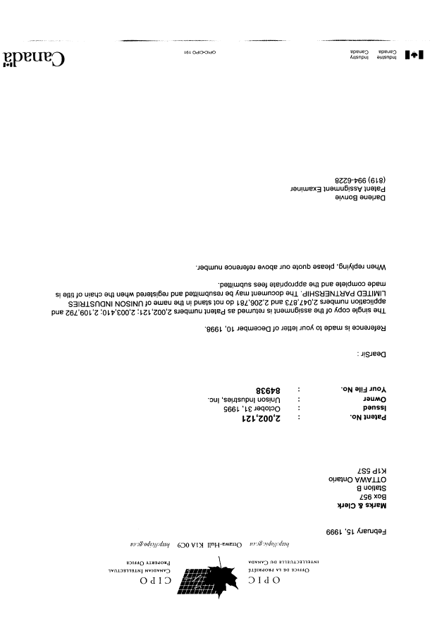 Document de brevet canadien 2047873. Correspondance 19990215. Image 1 de 1