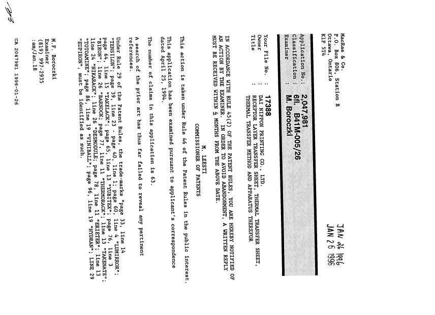 Document de brevet canadien 2047981. Demande d'examen 19960126. Image 1 de 1