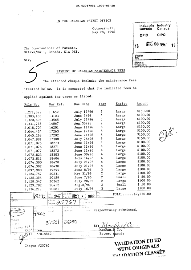 Document de brevet canadien 2047981. Taxes 19960528. Image 1 de 1