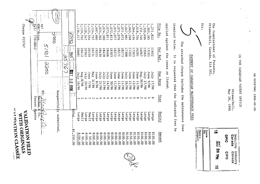 Document de brevet canadien 2047981. Taxes 19960528. Image 1 de 1