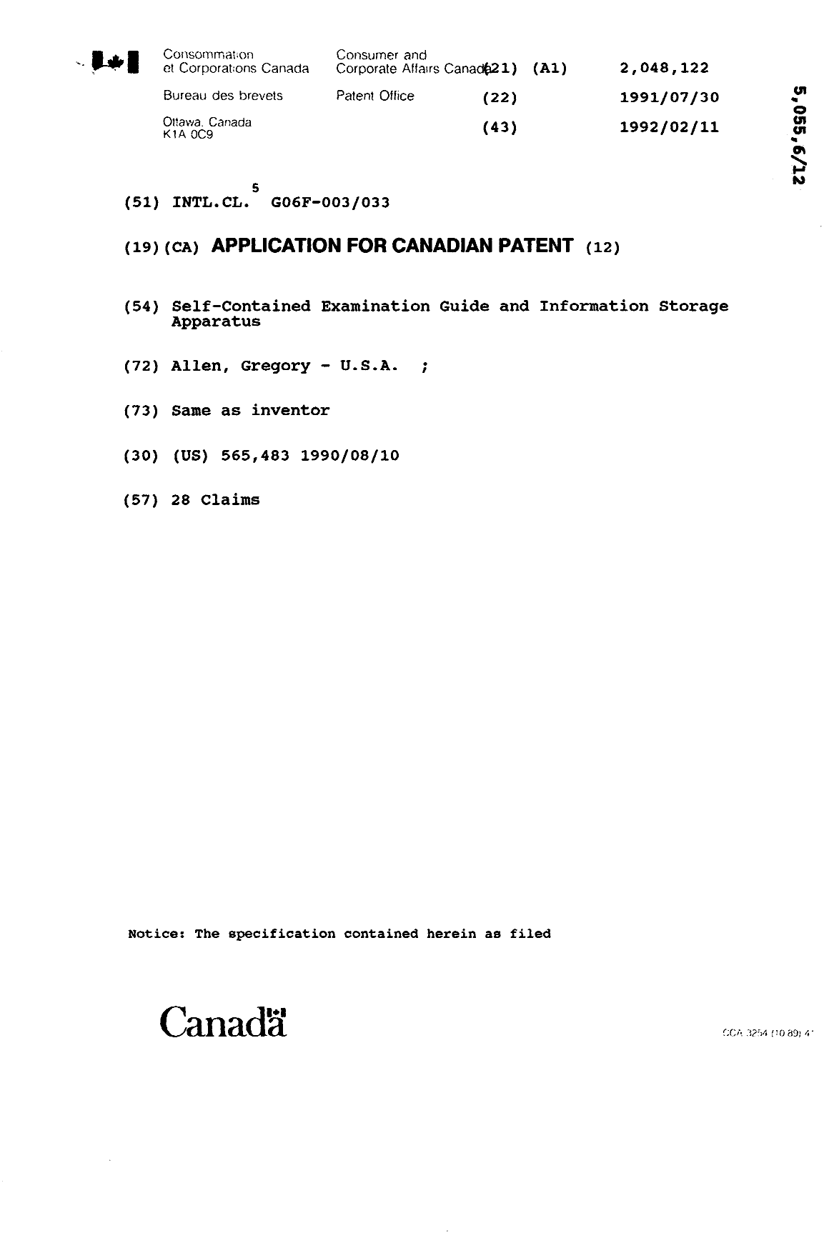 Document de brevet canadien 2048122. Page couverture 19920211. Image 1 de 1