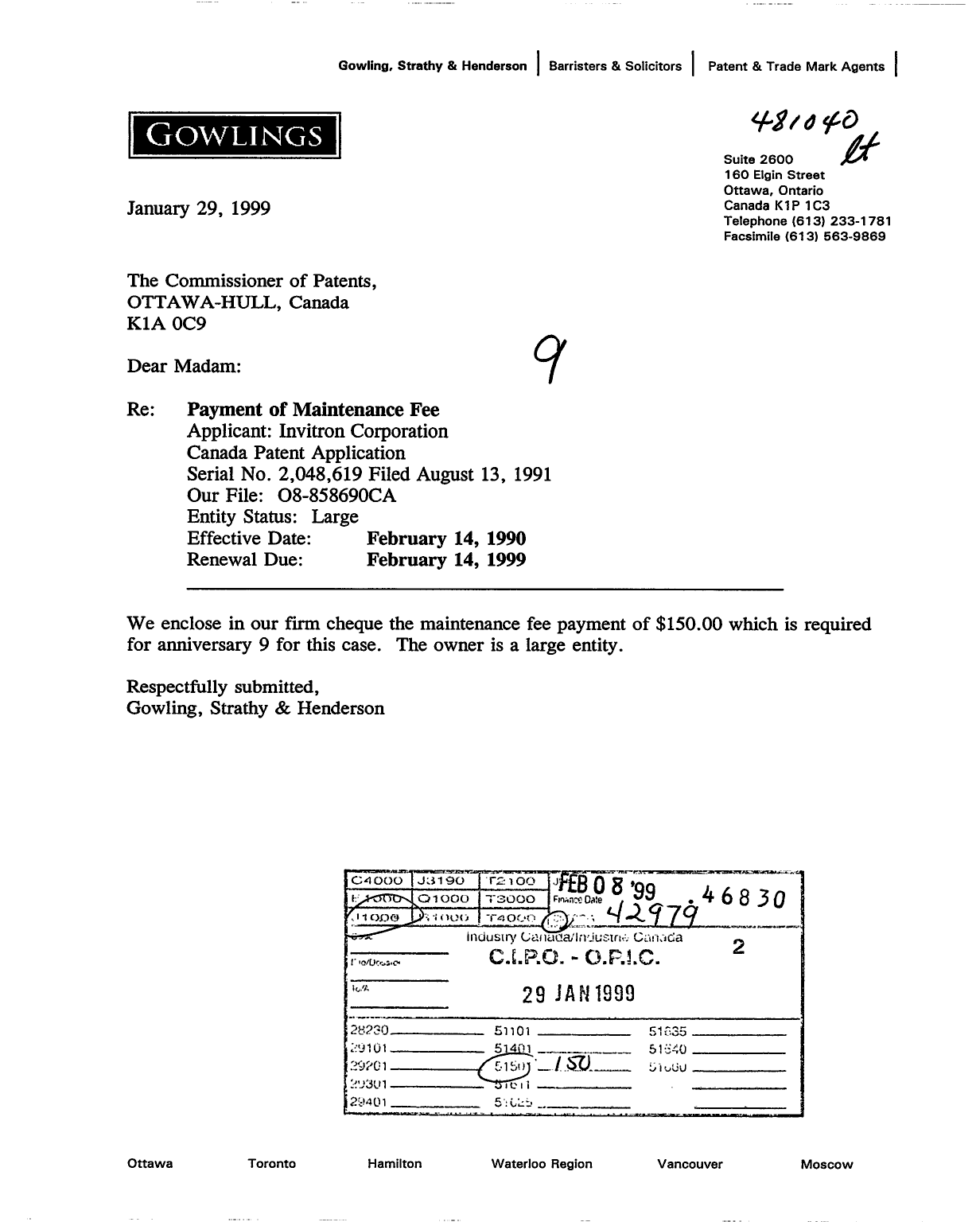Canadian Patent Document 2048619. Fees 19990129. Image 1 of 1