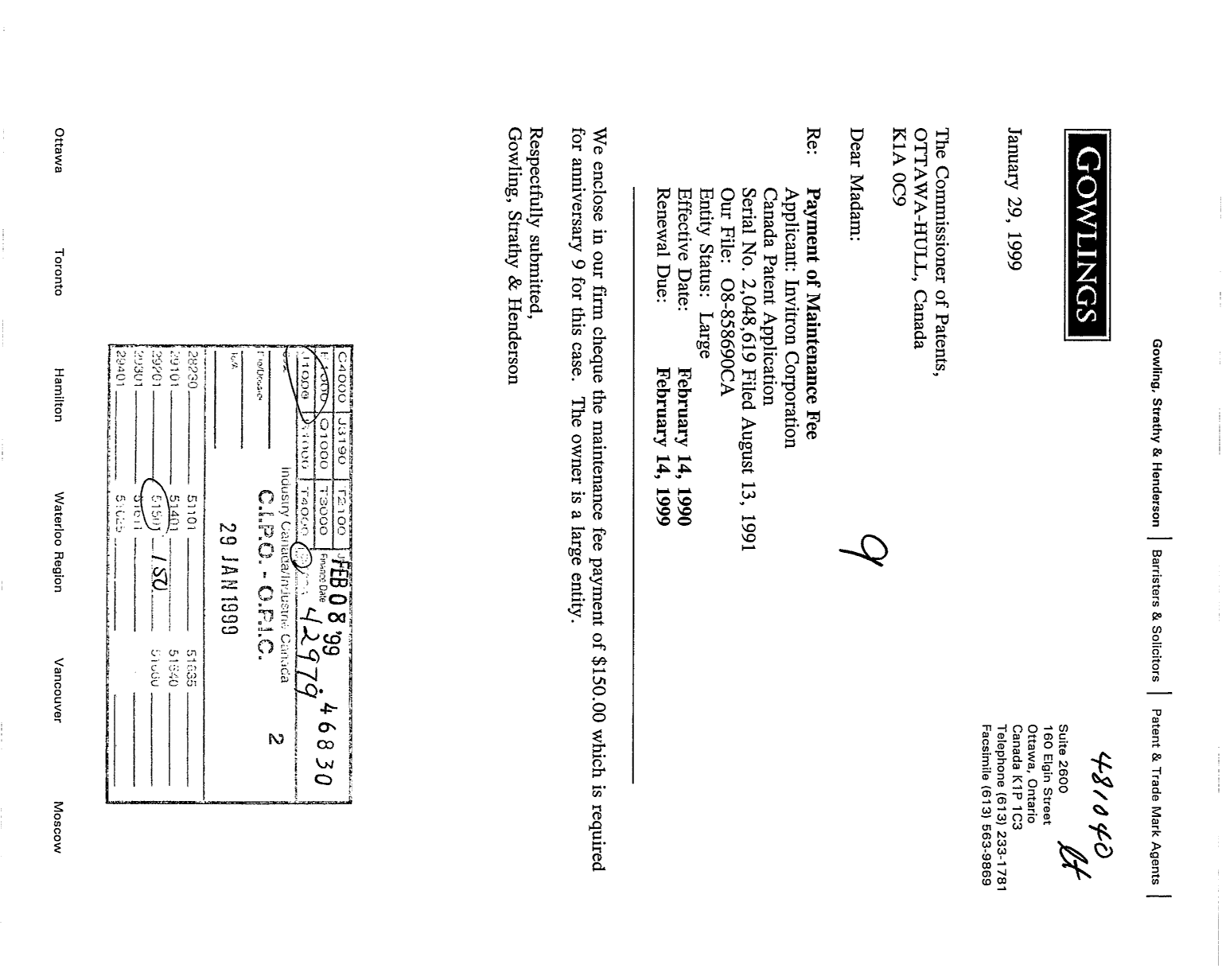 Document de brevet canadien 2048619. Taxes 19990129. Image 1 de 1