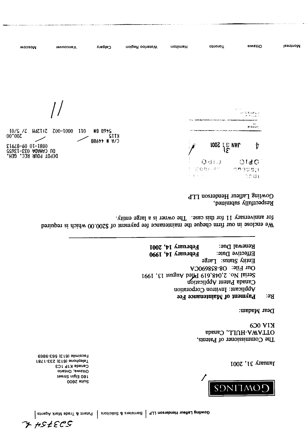 Canadian Patent Document 2048619. Fees 20001231. Image 1 of 1