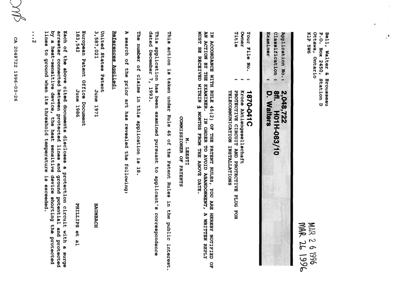 Document de brevet canadien 2048722. Demande d'examen 19960326. Image 1 de 4