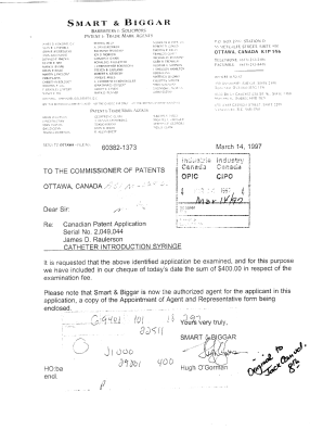 Document de brevet canadien 2049044. Correspondance 19970314. Image 1 de 5