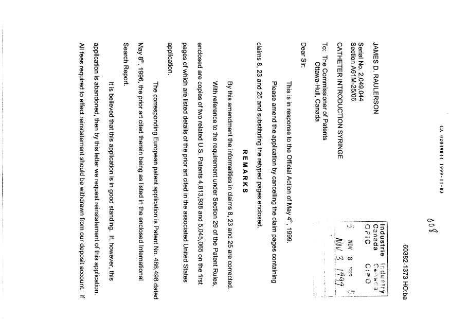 Canadian Patent Document 2049044. Prosecution-Amendment 19991103. Image 1 of 5