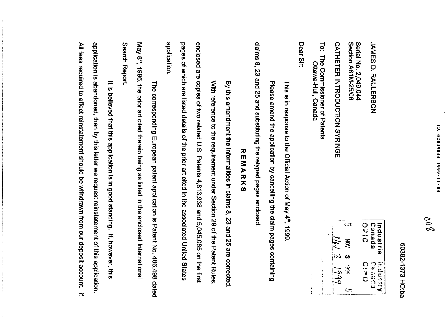 Document de brevet canadien 2049044. Poursuite-Amendment 19991103. Image 1 de 5