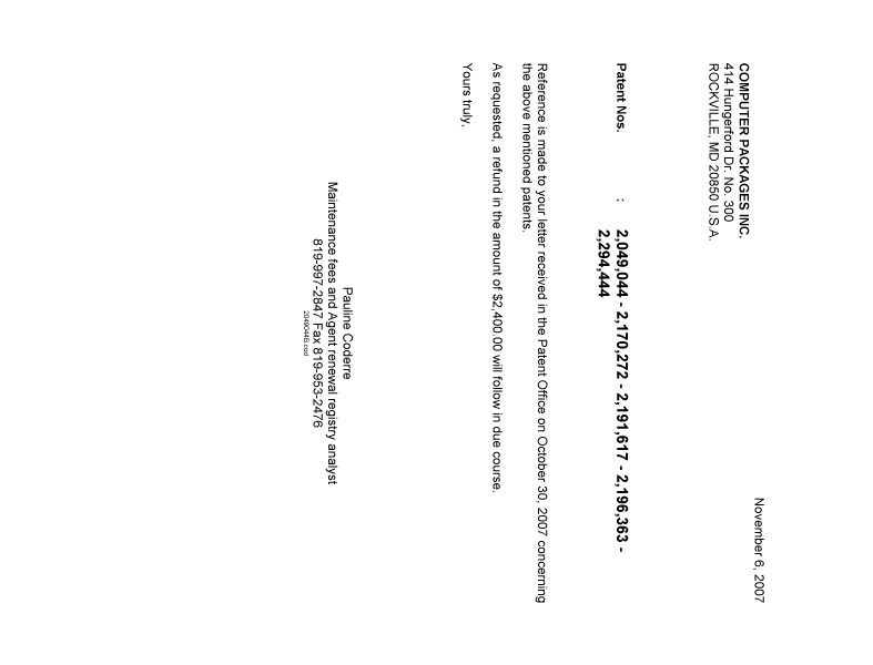 Document de brevet canadien 2049044. Correspondance 20071106. Image 1 de 1