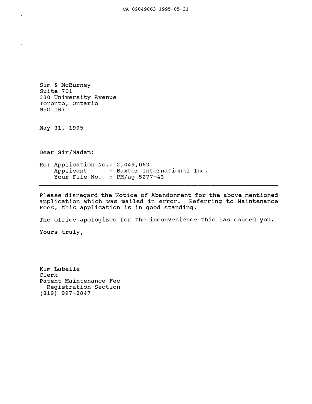 Canadian Patent Document 2049063. Correspondence 19950531. Image 1 of 1