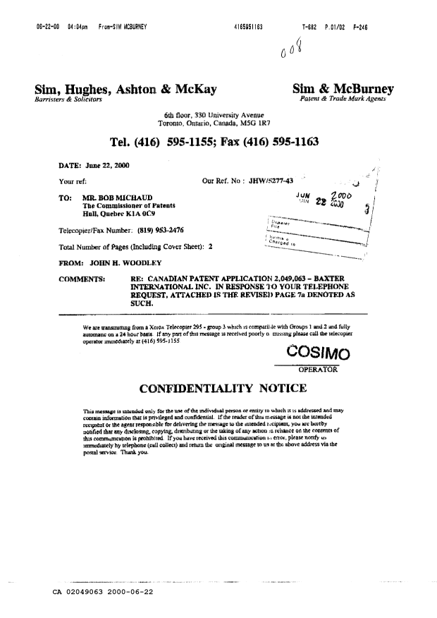 Canadian Patent Document 2049063. Prosecution-Amendment 20000622. Image 1 of 2