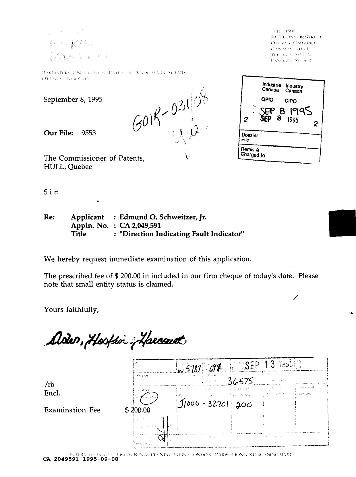 Document de brevet canadien 2049591. Correspondance de la poursuite 19950908. Image 1 de 1