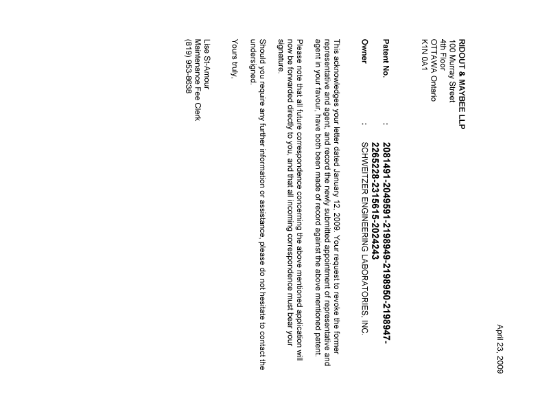 Document de brevet canadien 2049591. Correspondance 20090423. Image 1 de 1