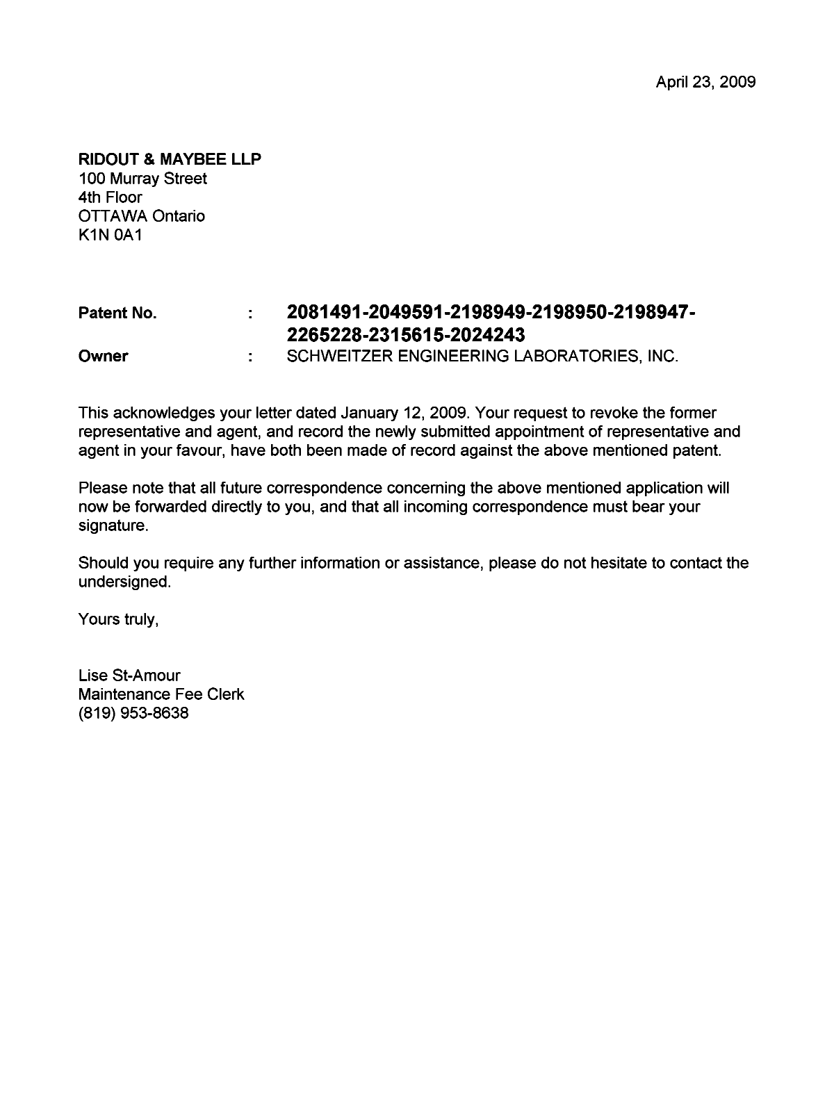 Document de brevet canadien 2049591. Correspondance 20090423. Image 1 de 1