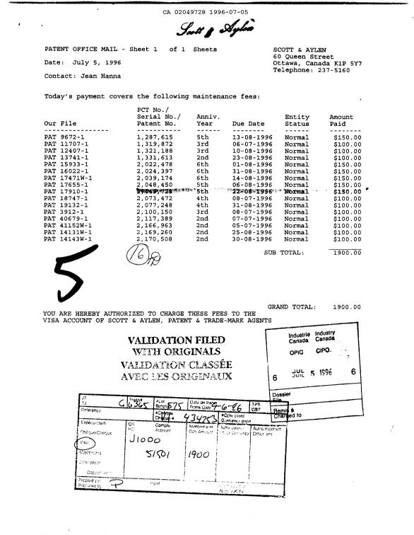 Canadian Patent Document 2049728. Fees 19960705. Image 1 of 1