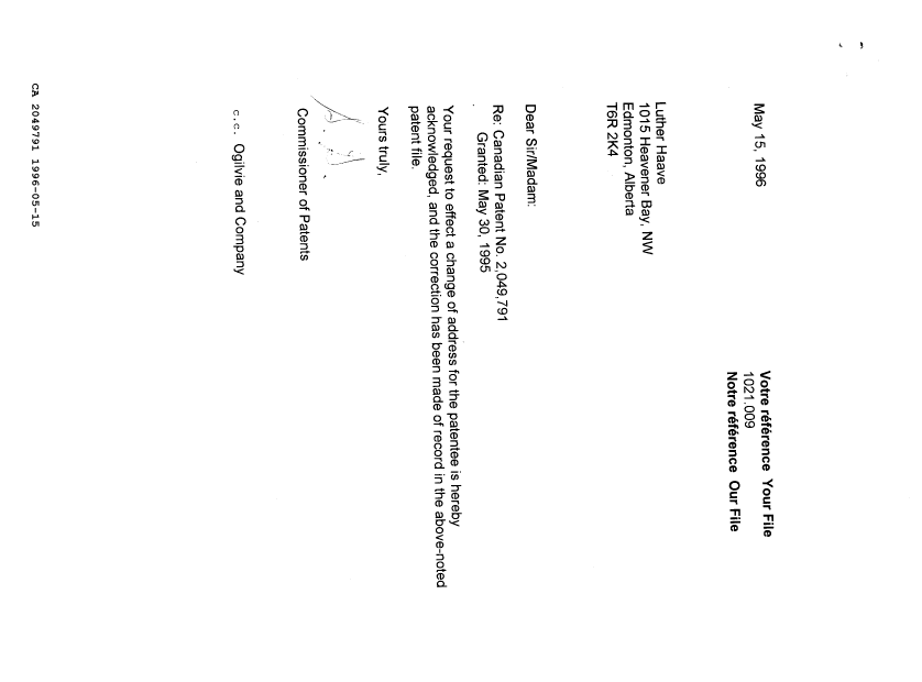 Document de brevet canadien 2049791. Lettre du bureau 19960515. Image 1 de 1