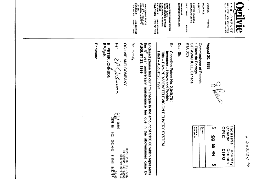 Document de brevet canadien 2049791. Taxes 19990823. Image 1 de 1