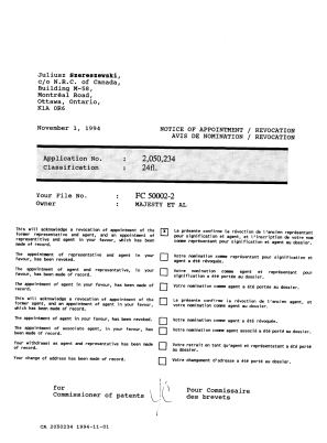 Document de brevet canadien 2050234. Lettre du bureau 19941101. Image 1 de 1