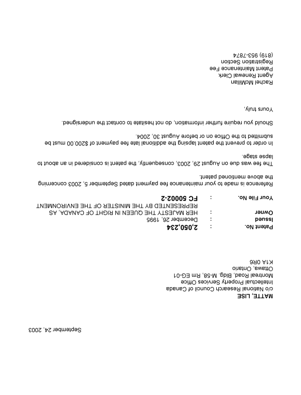 Canadian Patent Document 2050234. Correspondence 20030924. Image 1 of 1