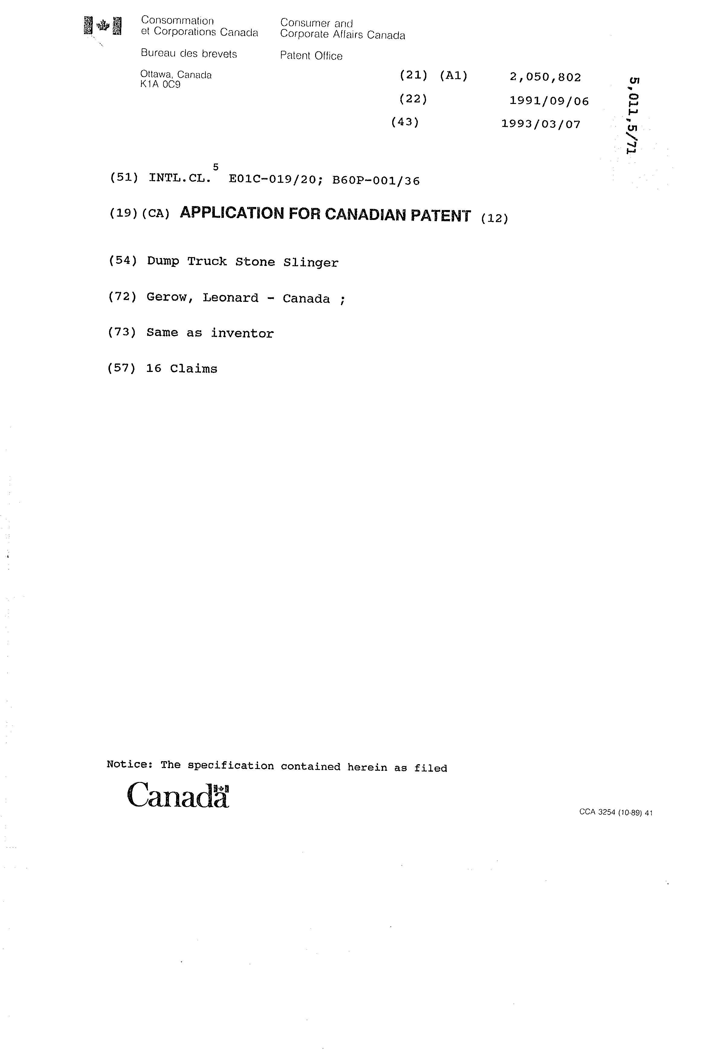 Canadian Patent Document 2050802. Cover Page 19930307. Image 1 of 1