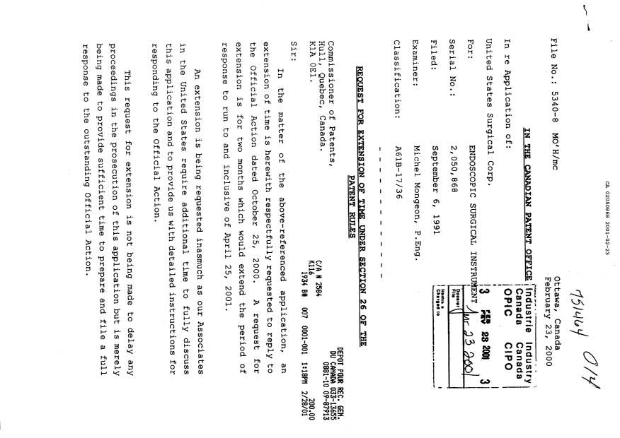 Document de brevet canadien 2050868. Correspondance 20010223. Image 1 de 2
