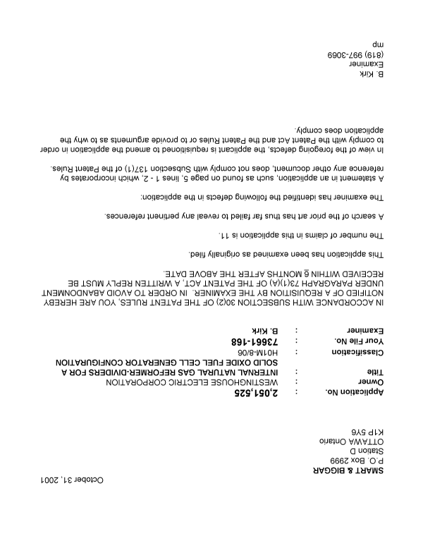 Canadian Patent Document 2051525. Prosecution-Amendment 20011031. Image 1 of 1