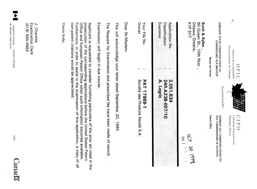 Document de brevet canadien 2051834. Lettre du bureau 19941020. Image 1 de 1