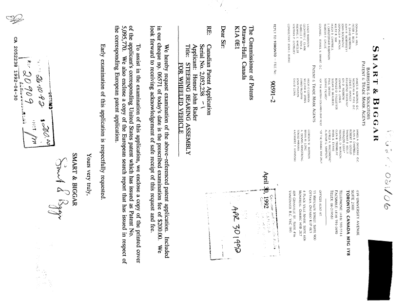 Document de brevet canadien 2052238. Correspondance de la poursuite 19920430. Image 1 de 4