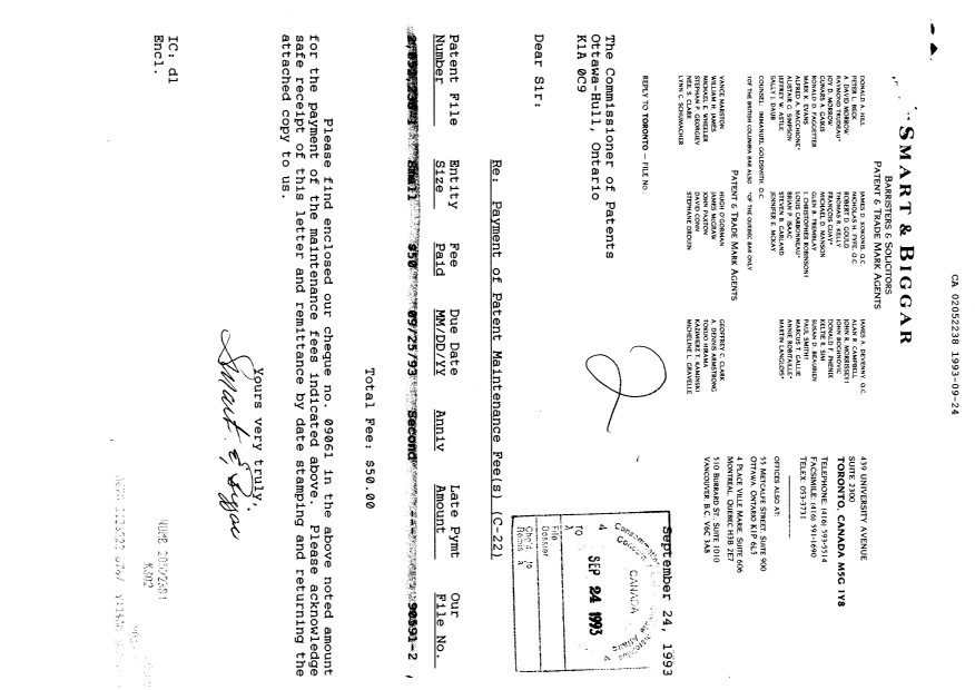 Document de brevet canadien 2052238. Taxes 19930924. Image 1 de 1