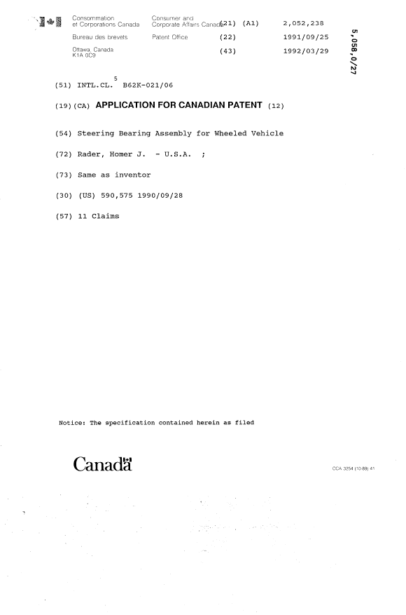 Canadian Patent Document 2052238. Cover Page 19940226. Image 1 of 1