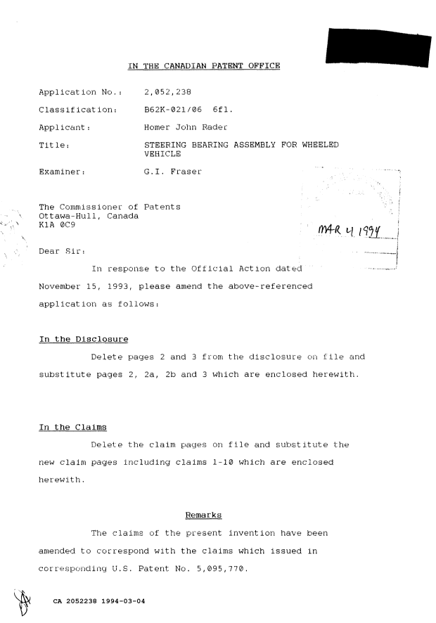 Canadian Patent Document 2052238. Prosecution Correspondence 19940304. Image 1 of 3