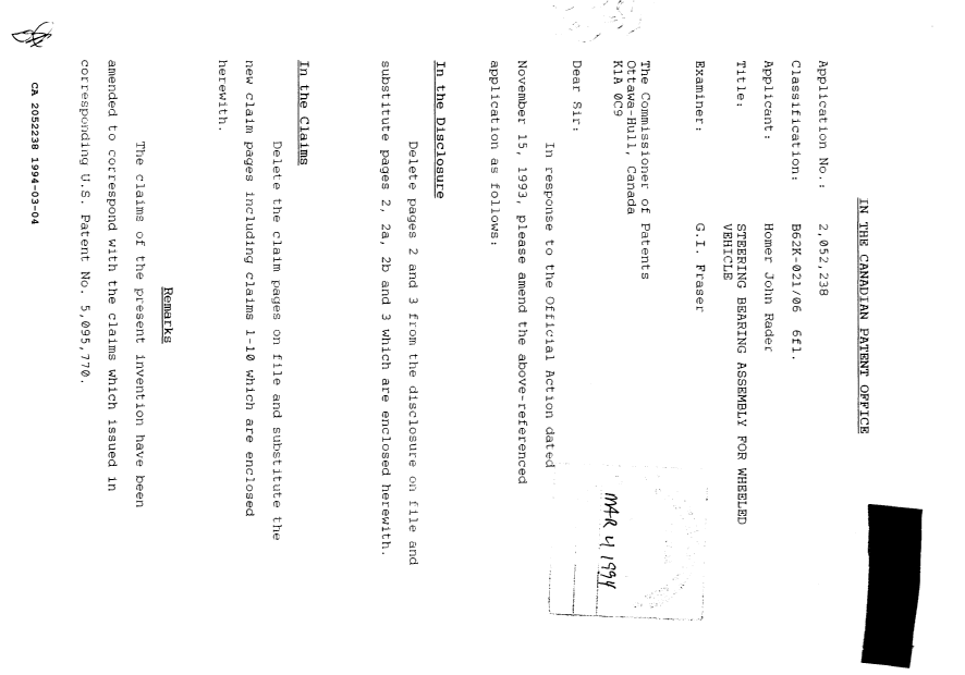 Document de brevet canadien 2052238. Correspondance de la poursuite 19940304. Image 1 de 3