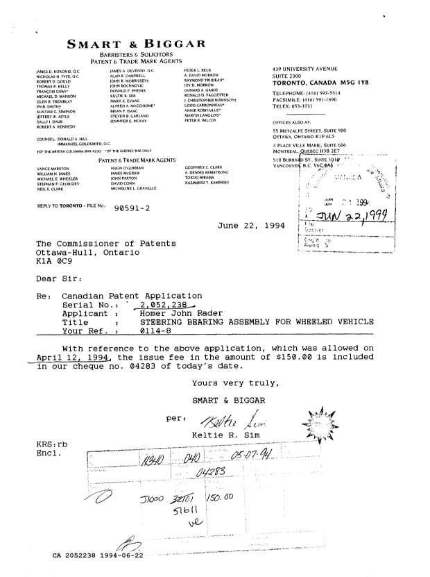 Canadian Patent Document 2052238. PCT Correspondence 19940622. Image 1 of 2
