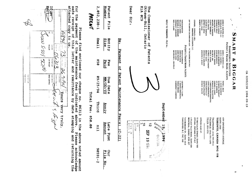 Document de brevet canadien 2052238. Taxes 19940919. Image 1 de 1