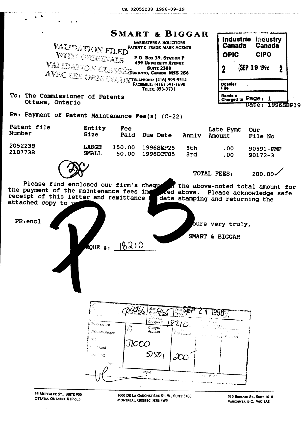 Document de brevet canadien 2052238. Taxes 19960919. Image 1 de 1