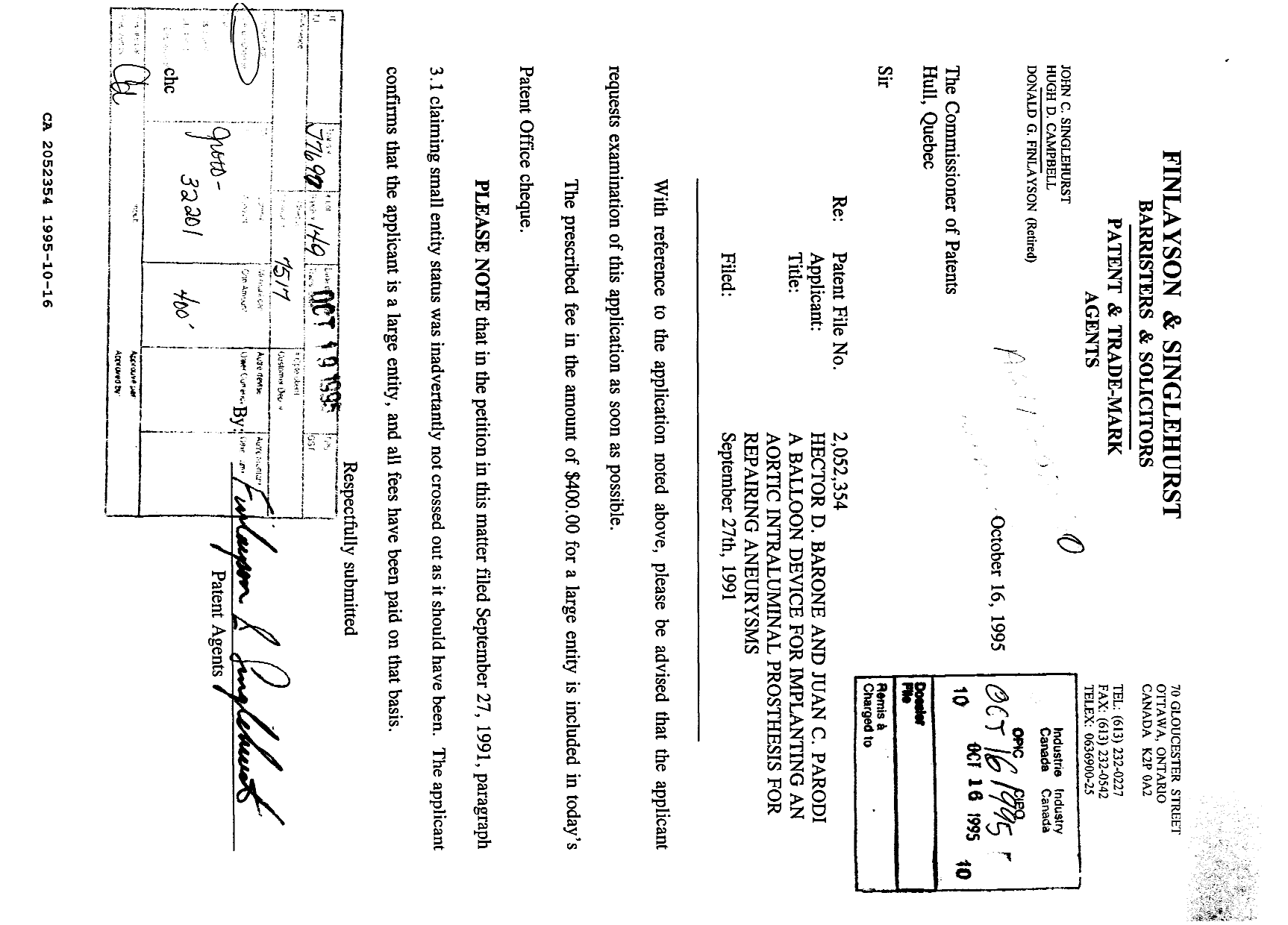 Canadian Patent Document 2052354. Prosecution Correspondence 19951016. Image 1 of 1