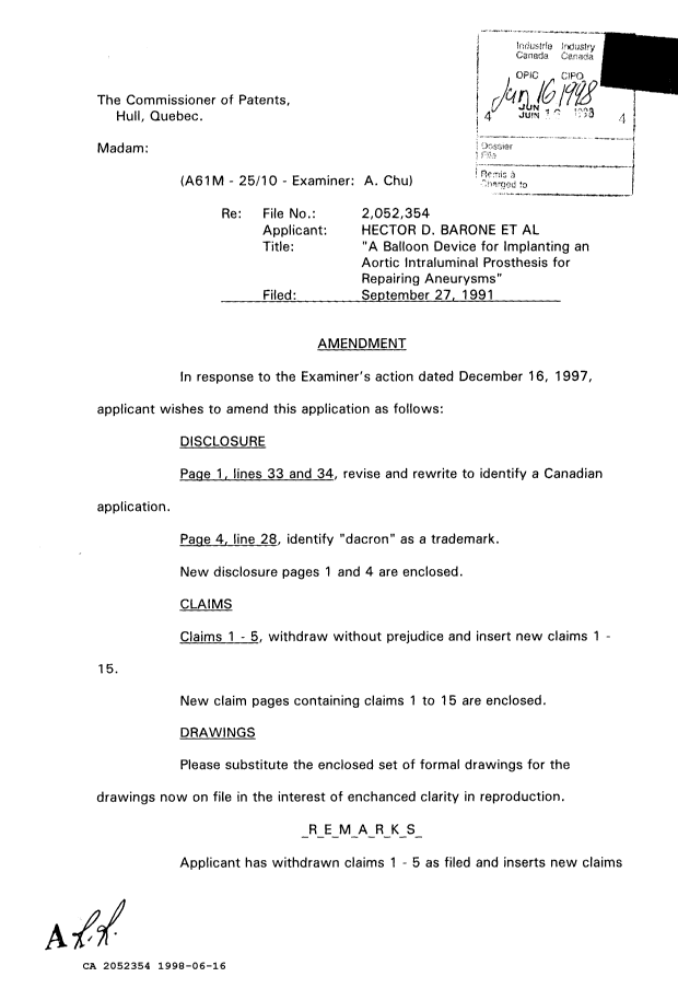Document de brevet canadien 2052354. Correspondance de la poursuite 19980616. Image 1 de 4
