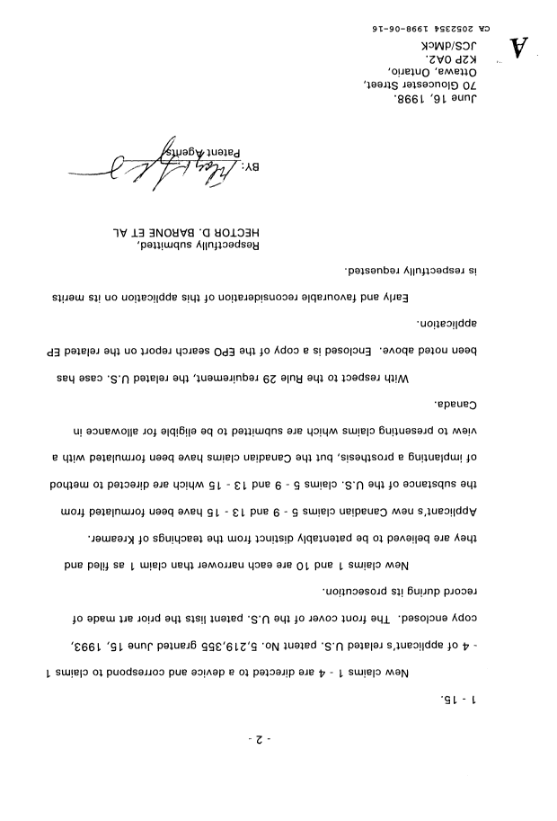 Canadian Patent Document 2052354. Prosecution Correspondence 19980616. Image 2 of 4