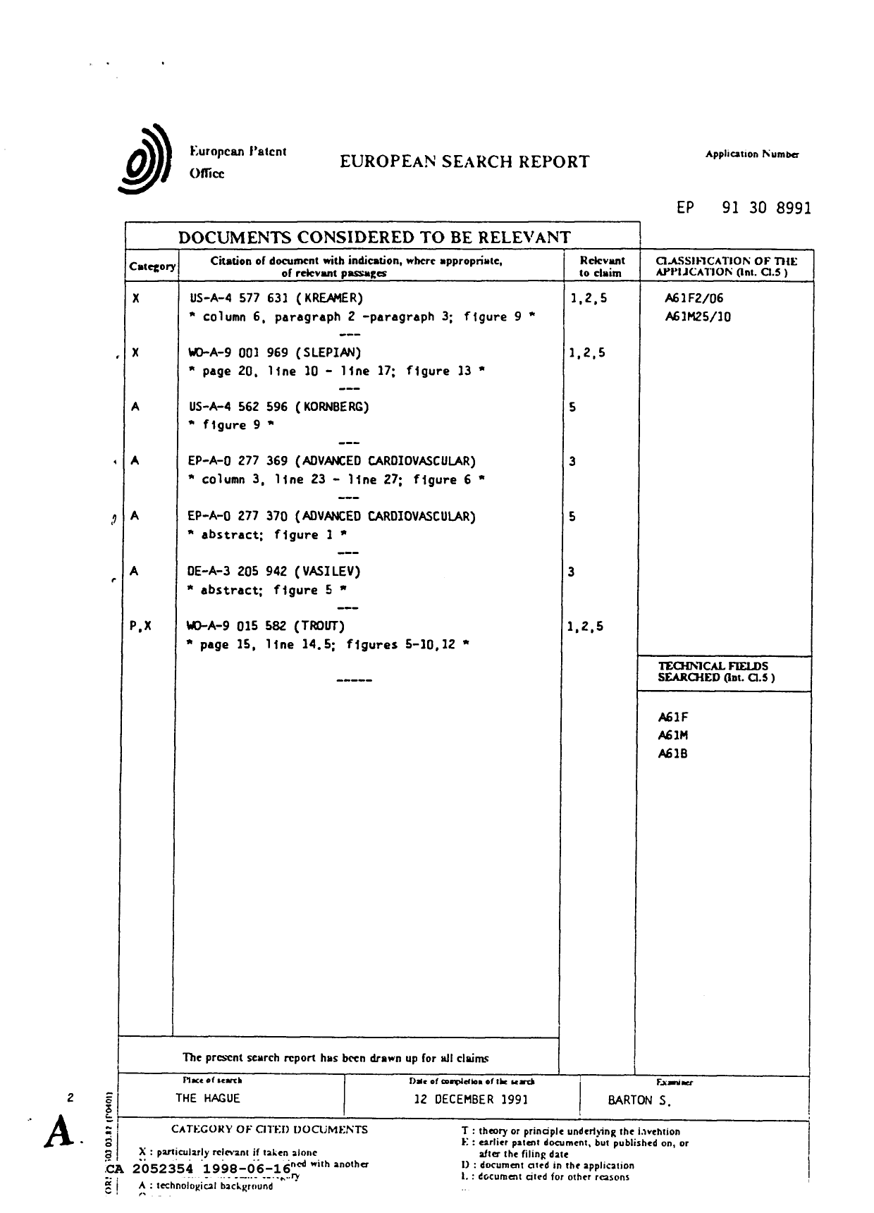 Canadian Patent Document 2052354. Prosecution Correspondence 19980616. Image 3 of 4