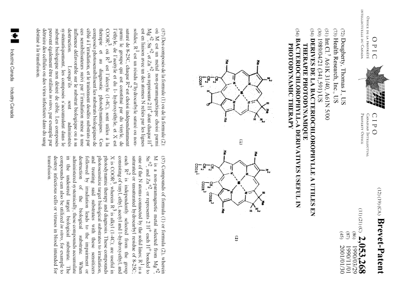 Document de brevet canadien 2053268. Page couverture 20010125. Image 1 de 1