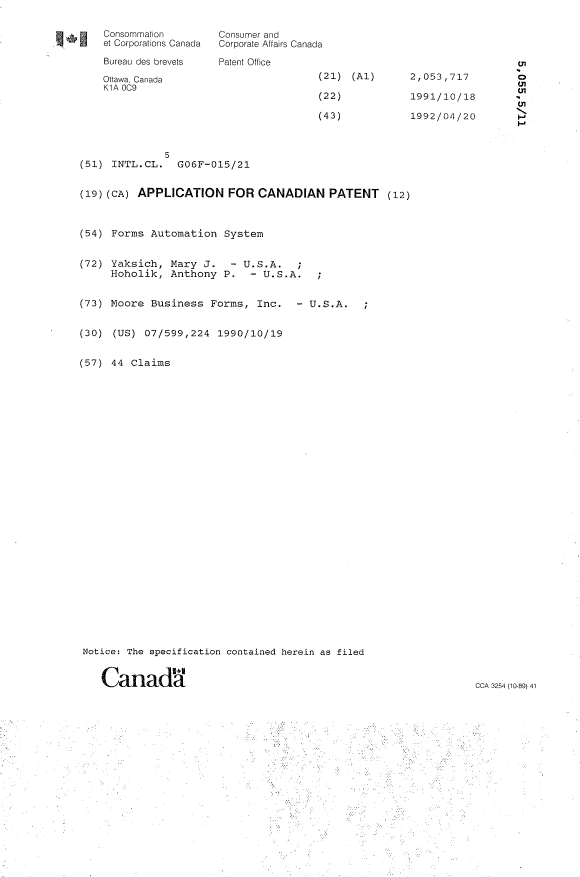 Canadian Patent Document 2053717. Cover Page 19940507. Image 1 of 1