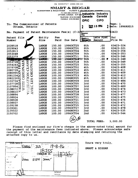 Canadian Patent Document 2053717. Fees 19960815. Image 1 of 1
