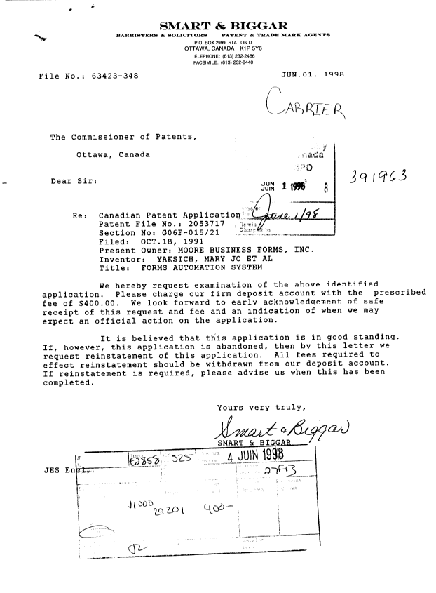 Canadian Patent Document 2053717. Prosecution-Amendment 19980601. Image 1 of 1