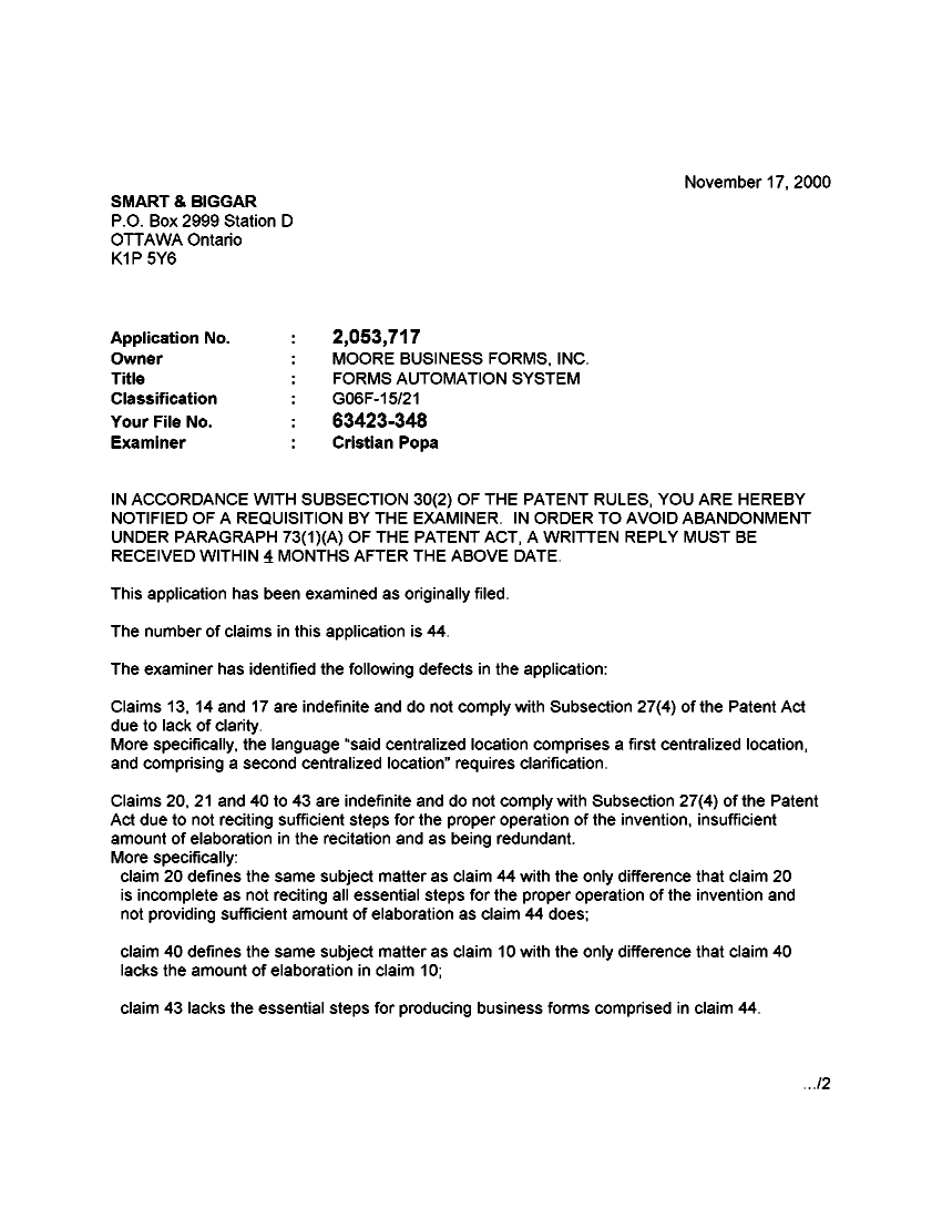 Canadian Patent Document 2053717. Prosecution-Amendment 20001117. Image 1 of 2