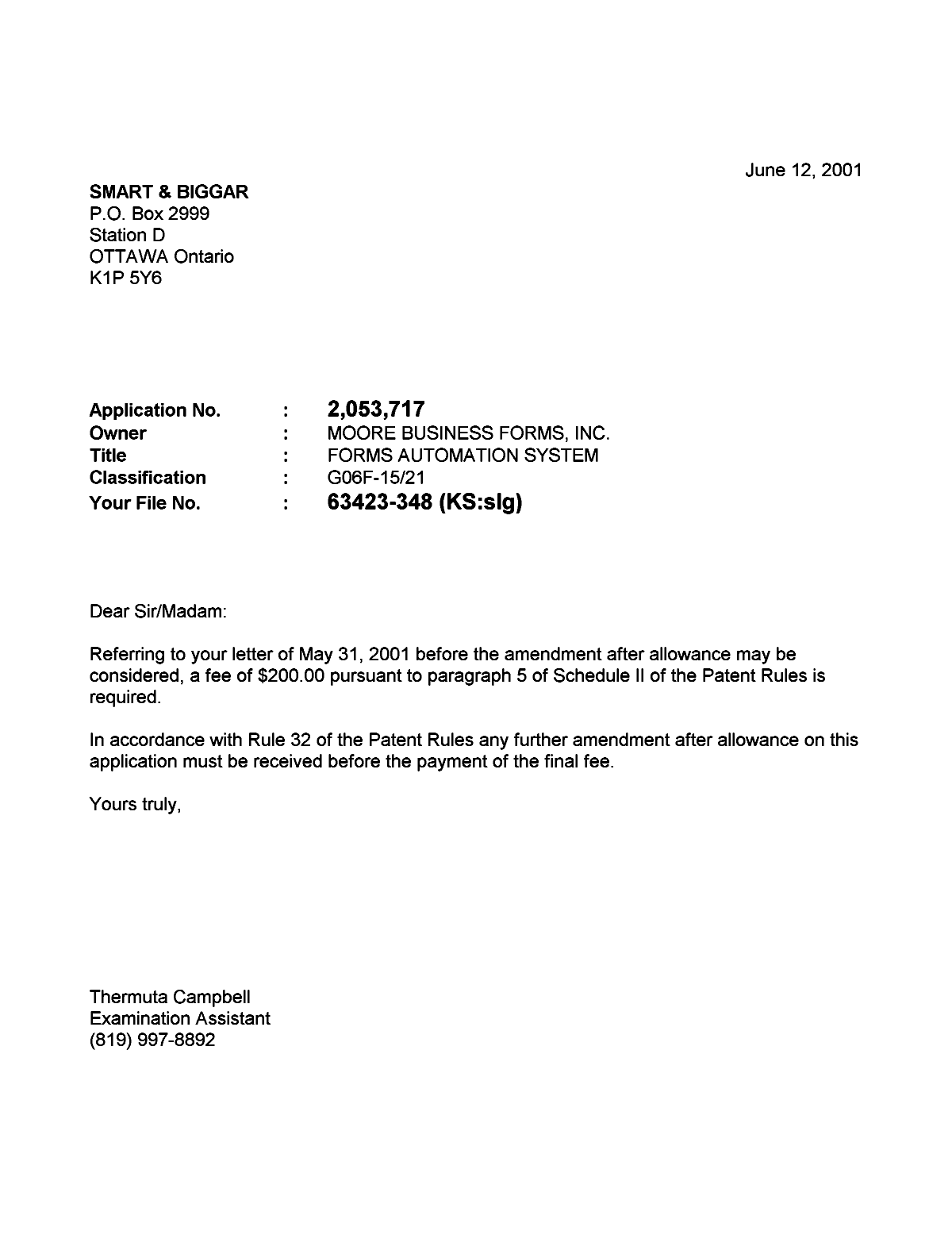 Canadian Patent Document 2053717. Prosecution-Amendment 20010612. Image 1 of 1