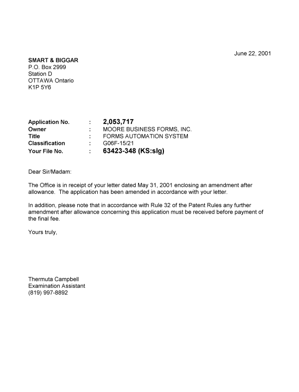 Canadian Patent Document 2053717. Prosecution-Amendment 20010622. Image 1 of 1