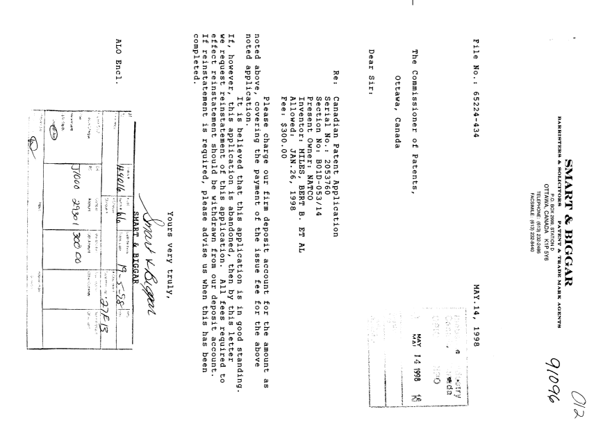 Document de brevet canadien 2053760. Correspondance 19980514. Image 1 de 1