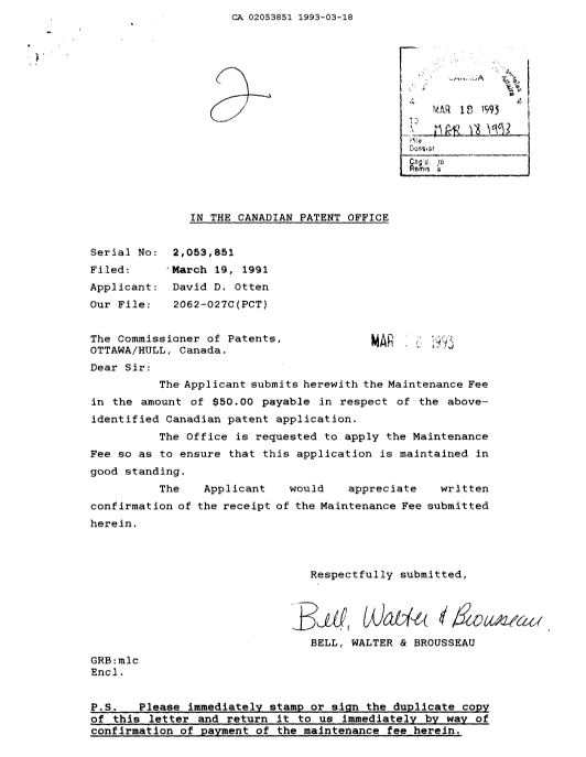 Document de brevet canadien 2053851. Taxes 19930318. Image 1 de 1